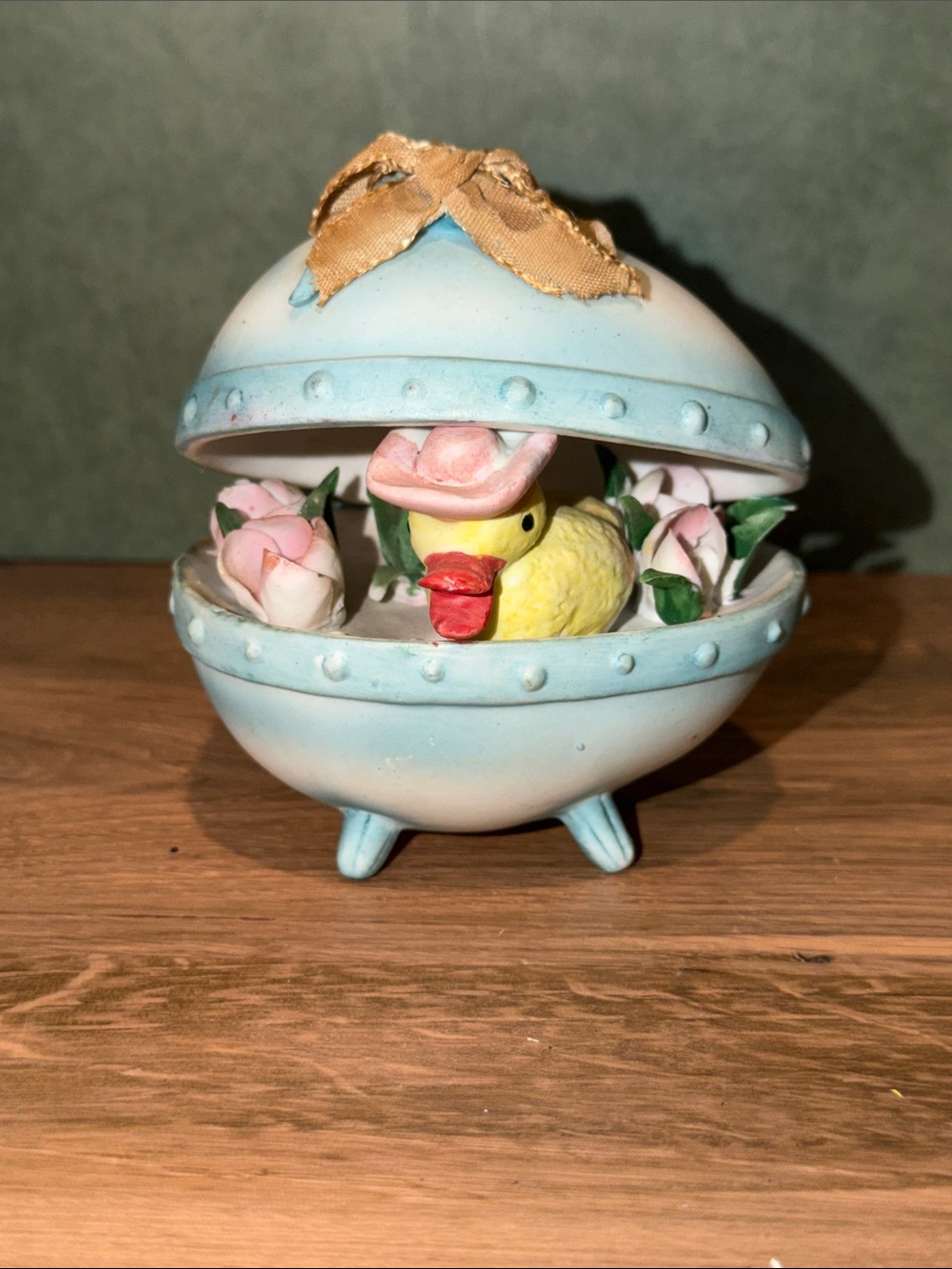 Lefton Pale Blue Egg Trinket with Yellow Duck and Pink Rose Accents